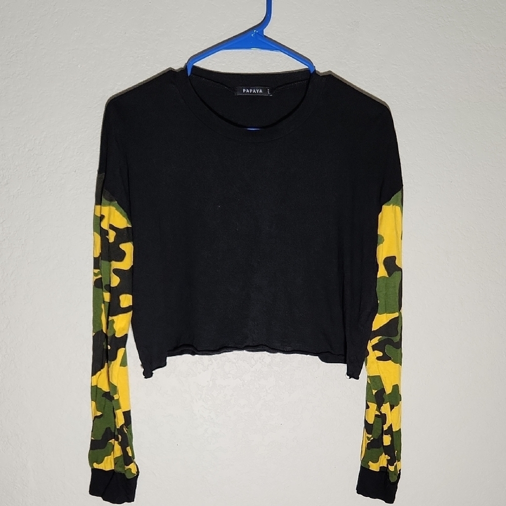 Papaya Top Black Yellow Long Sleeve Crop Top Small Y2K